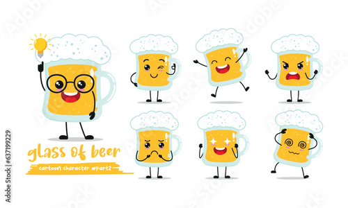 cute glass of beer cartoon with many expressions. beer different activity pose vector illustration flat design set.