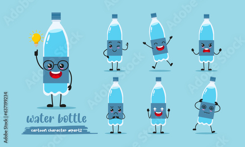 cute bottle of water cartoon with many expressions. mineral water different activity pose vector illustration flat design set.