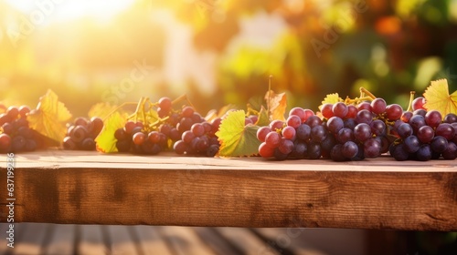 rustic autumn harvest scene: bountiful bunch of dew-fresh grapes on weathered wooden planks with a warm sunset glow - perfect for seasonal food and agriculture themes