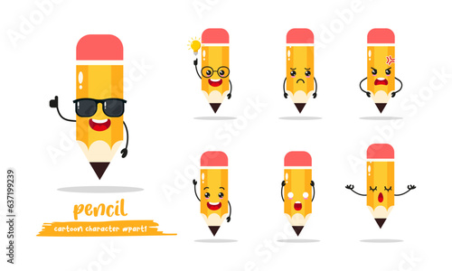 cute pencil cartoon with many expressions. school equipment different activity pose vector illustration flat design set with sunglasses.