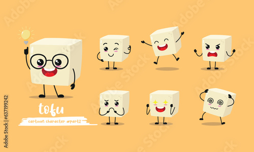 cute tofu cartoon with many expressions. food different activity pose vector illustration flat design set.