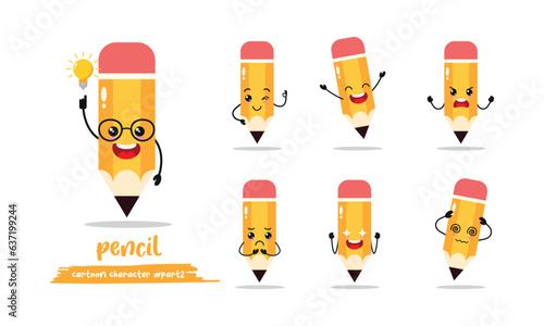 cute pencil cartoon with many expressions. school equipment different activity pose vector illustration flat design set.