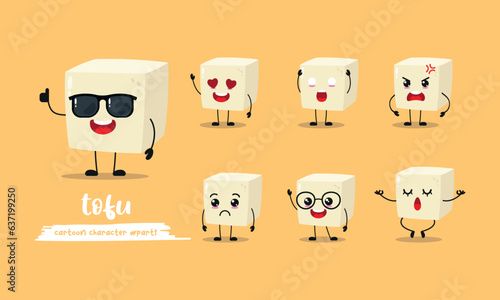 cute tofu cartoon with many expressions. food different activity pose vector illustration flat design set with sunglasses.