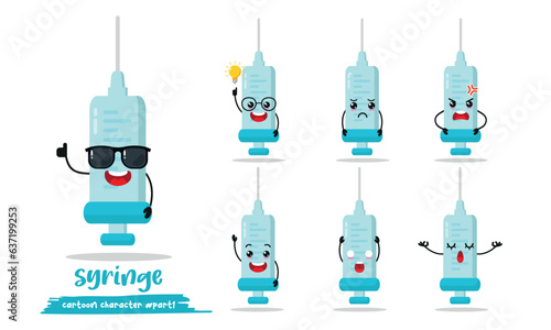cute syringe cartoon with many expressions. medication different activity pose vector illustration flat design set with sunglasses.