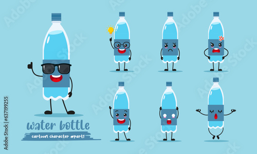 cute bottle of water cartoon with many expressions. mineral water different activity pose vector illustration flat design set with sunglasses.