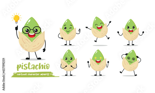 cute pistachio cartoon with many expressions. nut different activity pose vector illustration flat design set.