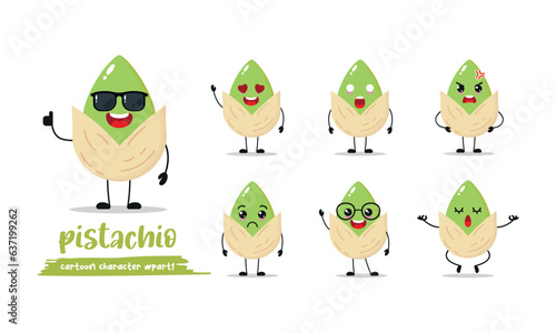 cute pistachio cartoon with many expressions. nut different activity pose vector illustration flat design set with sunglasses.