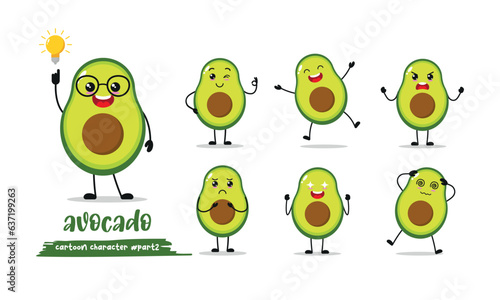 cute avocado cartoon with many expressions. fruit different activity pose vector illustration flat design set.
