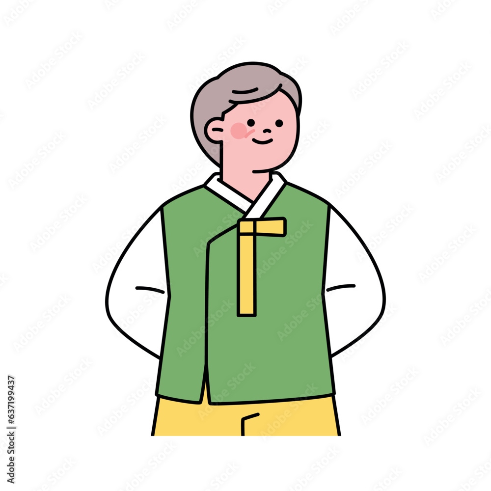 A big holiday in Korea. An elderly woman wearing a traditional Korean costume is standing with her hands behind her back. A big holiday in Korea. An elderly woman wearing a traditional Korean costume is standing with her hands behind her back.