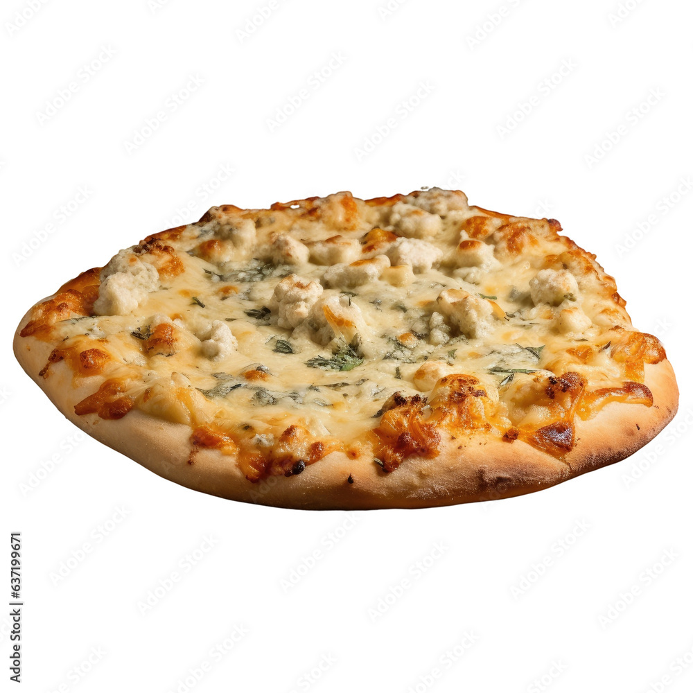 Close up of traditional Italian flatbread on a wooden plate with four cheese varieties blue and white mold goat mozzarella and parmesan Close up of traditional Italian flatbread on a wooden plate with four cheese varieties blue and white mold goat mozzarella and parmesan