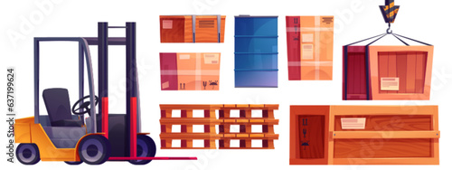 Warehouse interior and storage box with pallet vector set. Forklift for stockroom cartoon icon. Delivery goods and product distribution in cardboard parcel for wholesale business clipart collection