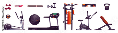 Sports equipment for gym - cartoon vector set of treadmill, exercise bike and elliptical machine for cardio workout, and multifunctional pull up power tower, bench and dumbbells for strength training.