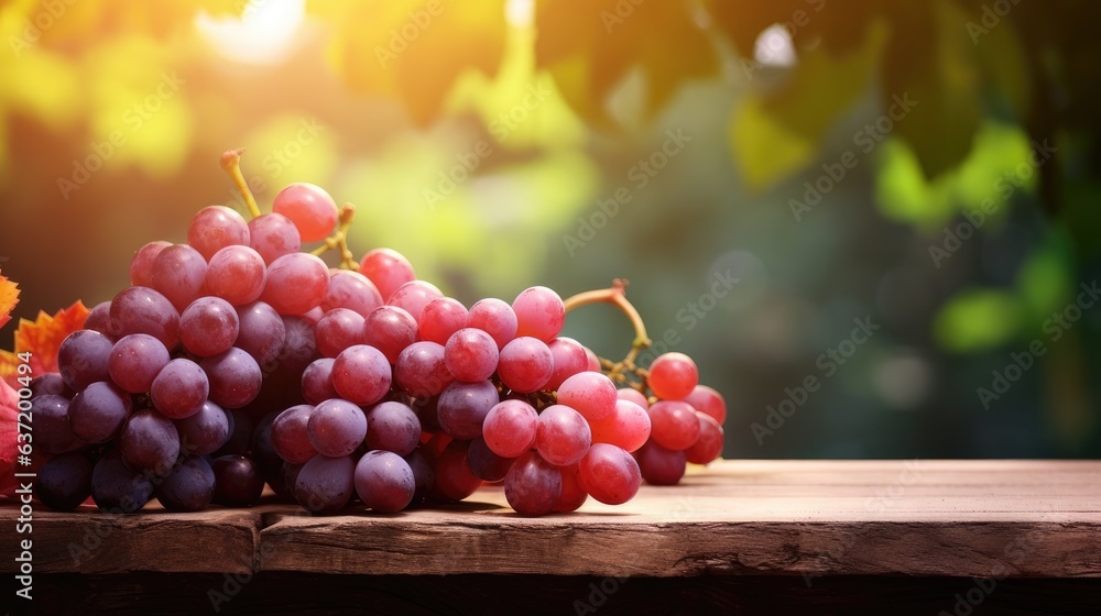 organic red grapes display on a wooden platform with natural backlighting, ideal for culinary websites, food magazines, and nutritional blog posts - obrazy, fototapety, plakaty 