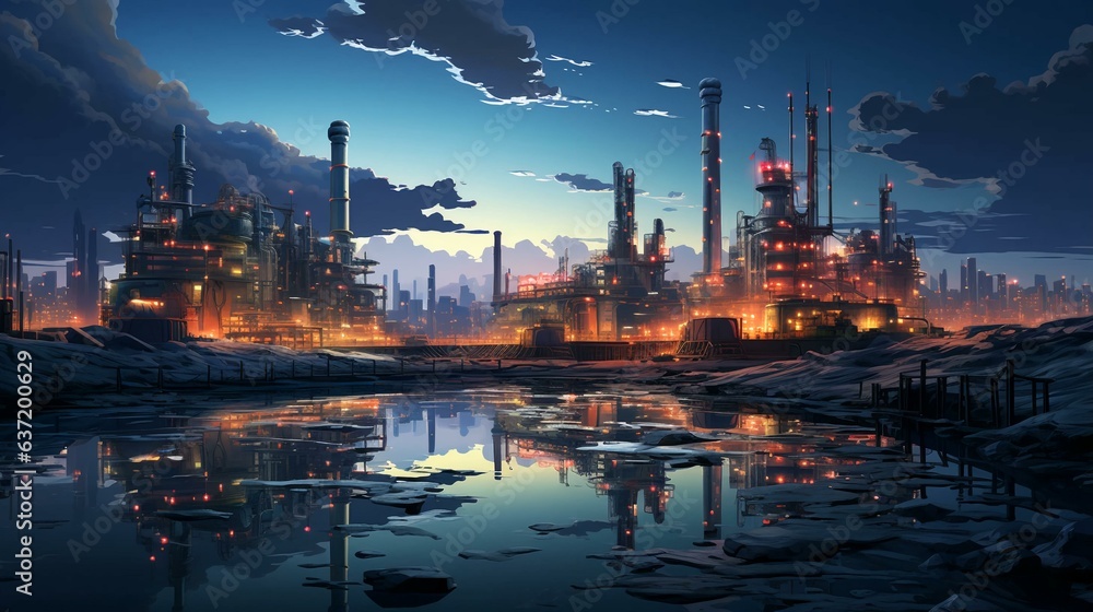 Industrial oil refinery petrochemical chemical plant with equipment and tall pipes at night. AI generated Industrial oil refinery petrochemical chemical plant with equipment and tall pipes at night. AI generated