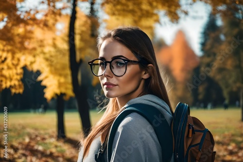 portrait of a woman with glasses at a park in autumn - Generative AI