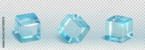 3d water ice cube piece isolated realistic vector. Translucent blue frozen cocktail drink object set. Clear glacial aqua beverage collection. Clear cold and frosty crystal bubble with light reflection