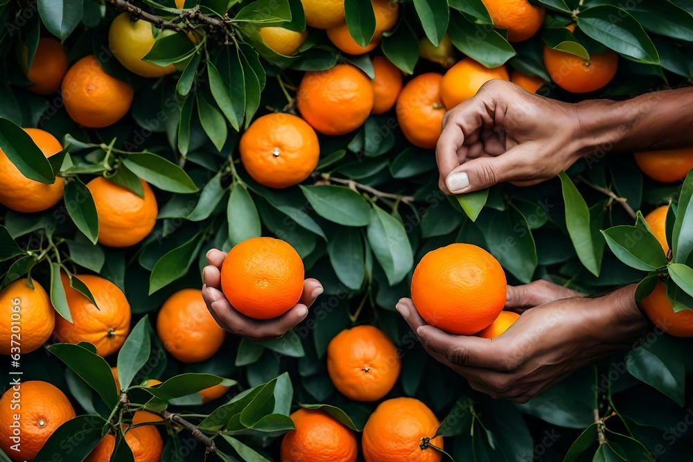 farmer picking up oranges from trees - Generative AI farmer picking up oranges from trees - Generative AI