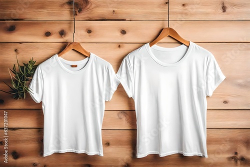 white t shirts on wooden hangers, mock tshirt designs - Generative AI