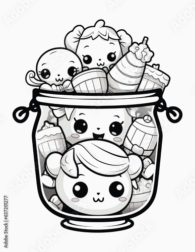 Cute kawaii candy halloween coloring page for kids, black and white line art Halloween cupcakes. 