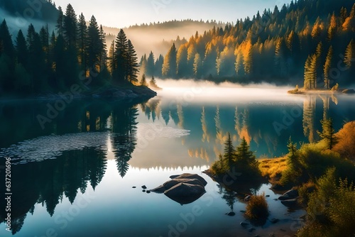 sunrise over the lake on a shiny day, beautiful Wallpaper, Landscape, and Background - Generative AI