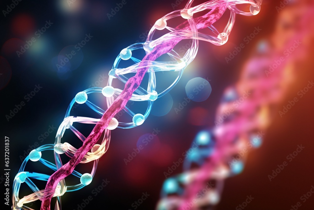 Abstract DNA Art digital background. DNA molecule. Computer illustration of a double two strands twisted into a double helix.Generated with AI Abstract DNA Art digital background. DNA molecule. Computer illustration of a double two strands twisted into a double helix.Generated with AI