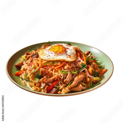 Stir fried pork and egg with mixed vegetable noodles containing moroheiya