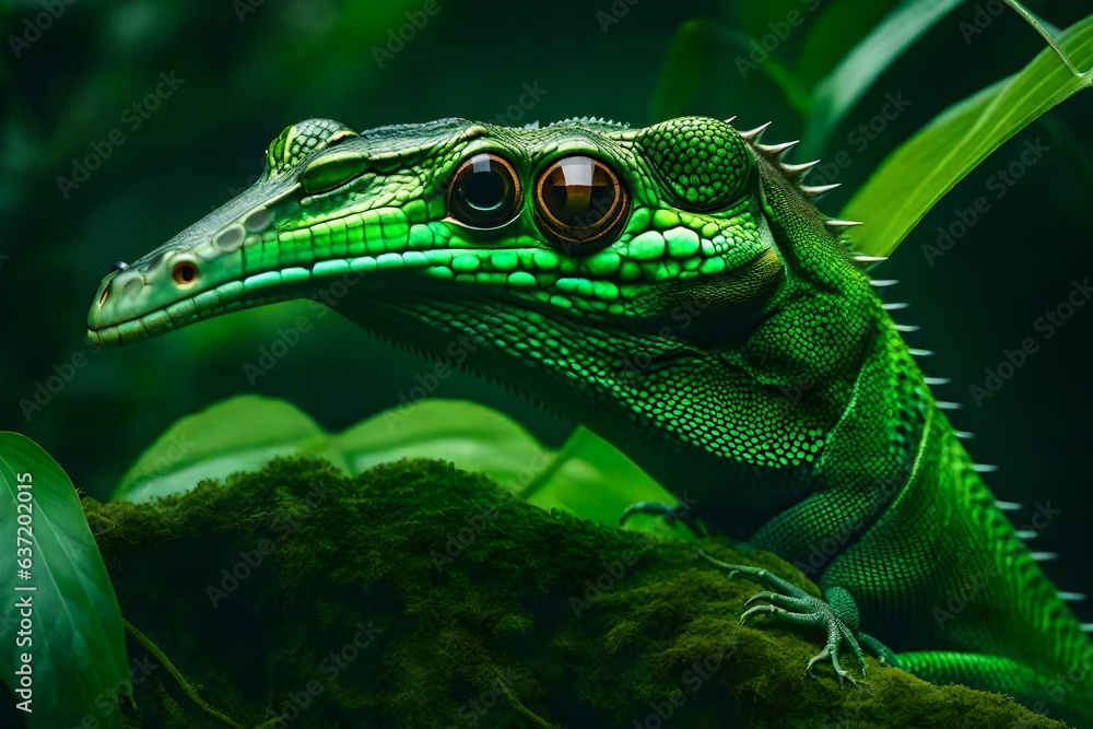Obraz premium closeup of a green snake on a branch, beautiful Wallpaper, Landscape, and Background - Generative AI