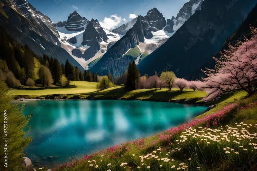 lake in the mountains,beautiful Wallpaper, Landscape, and Background - Generative AI