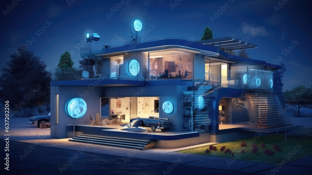 innovative eco-friendly smart home illuminated at dusk with high-efficiency solar panels and contemporary design, embracing sustainable living and modern comfort