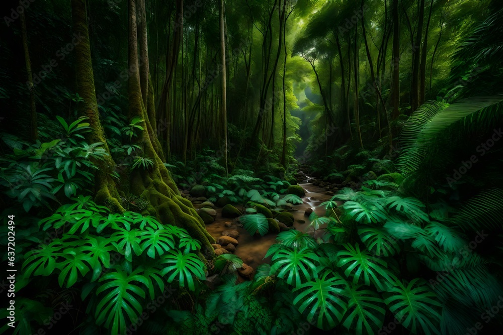 Fototapeta premium green forest in the morning, beautiful Wallpaper, Landscape, and Background - Generative AI