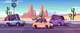 Desert west road and car traffic cartoon landscape background. Arizona trip route in summer with wild scenery. Cactus in drought sand western valley near boulder and texas roadway sign for journey