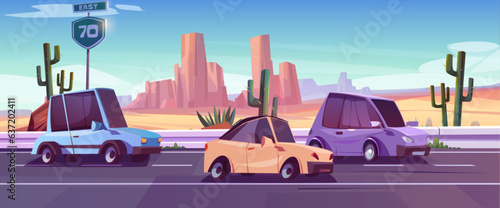 Desert west road and car traffic cartoon landscape background. Arizona trip route in summer with wild scenery. Cactus in drought sand western valley near boulder and texas roadway sign for journey