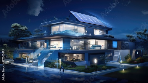 architectural masterpiece of sustainable smart housing with rooftop solar energy system, luxurious amenities, and ambient night lighting in a suburban setting