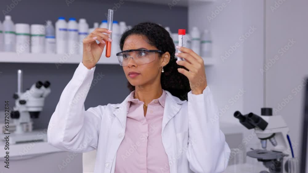Scientist, woman and chemical in test tube, blood and medical research with analysis and comparison in lab. Review, liquid solution and test, investigation and science study, knowledge and DNA sample Scientist, woman and chemical in test tube, blood and medical research with analysis and comparison in lab. Review, liquid solution and test, investigation and science study, knowledge and DNA sample