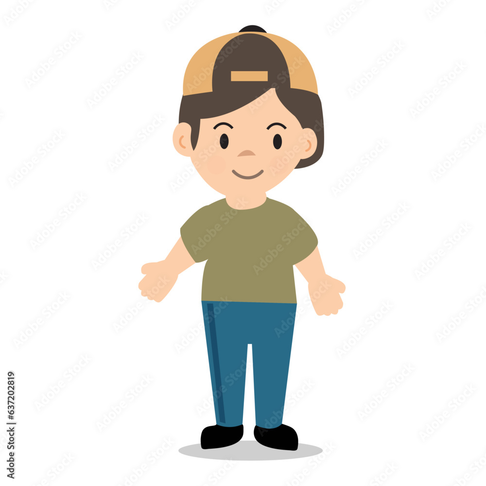 Little standing boy character vector illustration with cap on head.