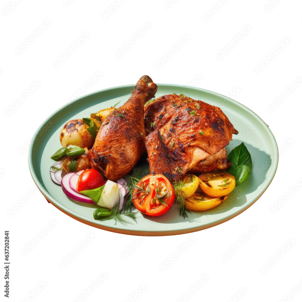Delicious grilled chicken with vegetables on a black plate on a transparent background Delicious grilled chicken with vegetables on a black plate on a transparent background