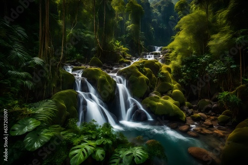 waterfall in the forest  beautiful Wallpaper  Landscape  and Background - Generative AI