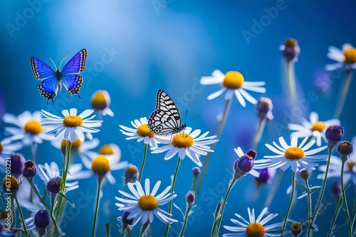 blue and white flowers and butterflies, beautiful Wallpaper, Landscape, and Background - Generative AI © MuhammadTalha