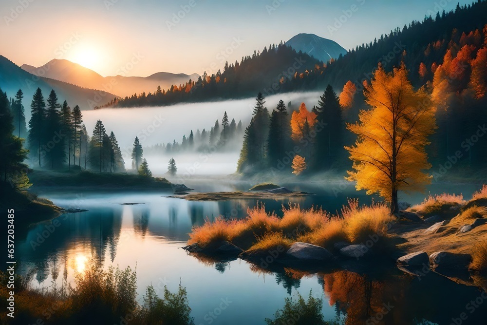 morning in the mountains, beautiful Wallpaper, Landscape, and Background - Generative AI