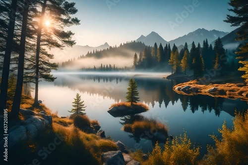 sunrise over the lake, beautiful Wallpaper, Landscape, and Background - Generative AI