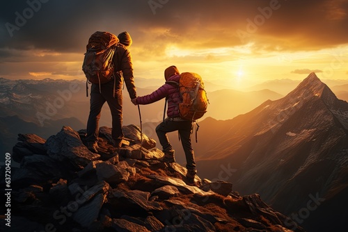 Hiker helping friend climb up rocky mountain friendship hiking help on top of mountain, Generated with AI