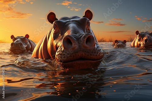 Hippo Haven: Hippos wallowing in a serene waterhole, a deceptive display of their enormous strength. Generated with AI