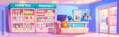 Pharmacy interior with shelves and racks with boxes, tubes and jars of medicines and pills, counter and package with purchased drugs. Cartoon vector illustration of drugstore with medical product.