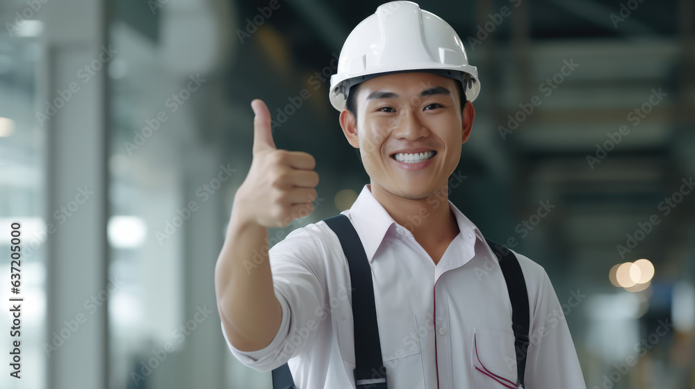 An asian engineer thumb up. isolated on white background, Generative AI An asian engineer thumb up. isolated on white background, Generative AI