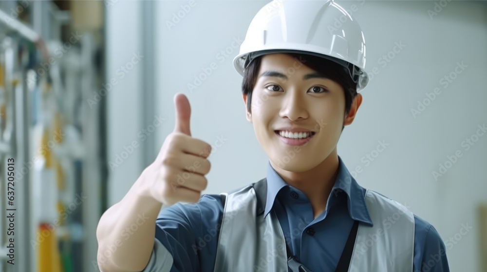 An asian engineer thumb up. isolated on white background, Generative AI An asian engineer thumb up. isolated on white background, Generative AI