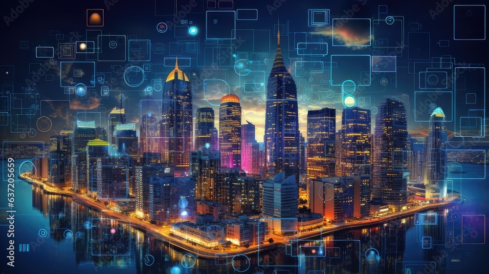 A cityscape with data symbols filling the skyline, visualizing the vast and interconnected landscape of big data