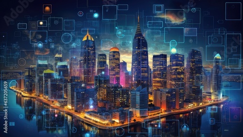 A cityscape with data symbols filling the skyline  visualizing the vast and interconnected landscape of big data