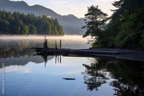 Morning fog at the lake in the morning. Beautiful nature scenery.