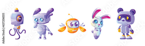 Cartoon set of animal robot characters isolated on white background. Vector illustration of futuristic ai mascots, cute octopus, bee, bunny, bear cyborgs. Technology development, chatbot assistant