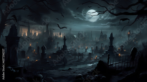 Halloween background with bats flying over cemetery.Halloween background with Evil Pumpkin. Spooky scary dark Night forrest. Holiday event halloween banner background concept
